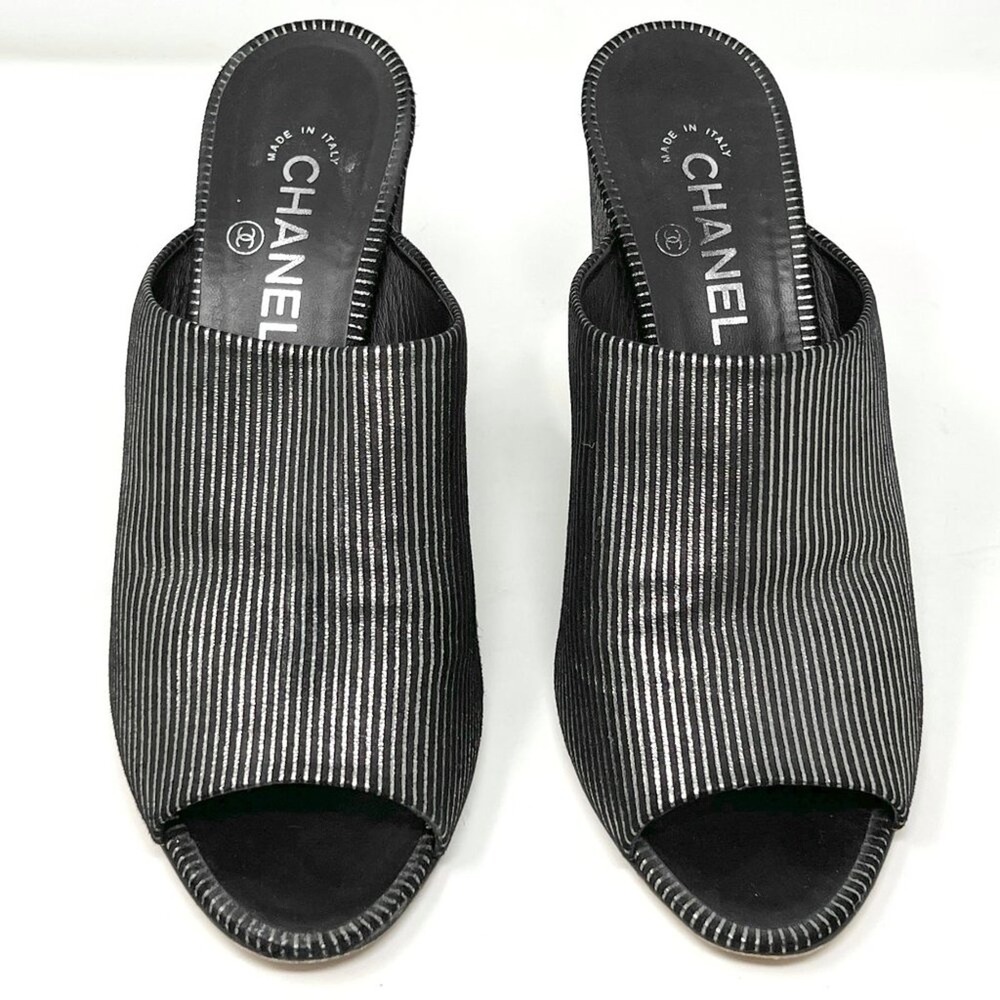 Chanel Mules G33818‎ Laminated Calfskin Silver Black Striped CC Block Heel 40.5 - Picture 2 of 10